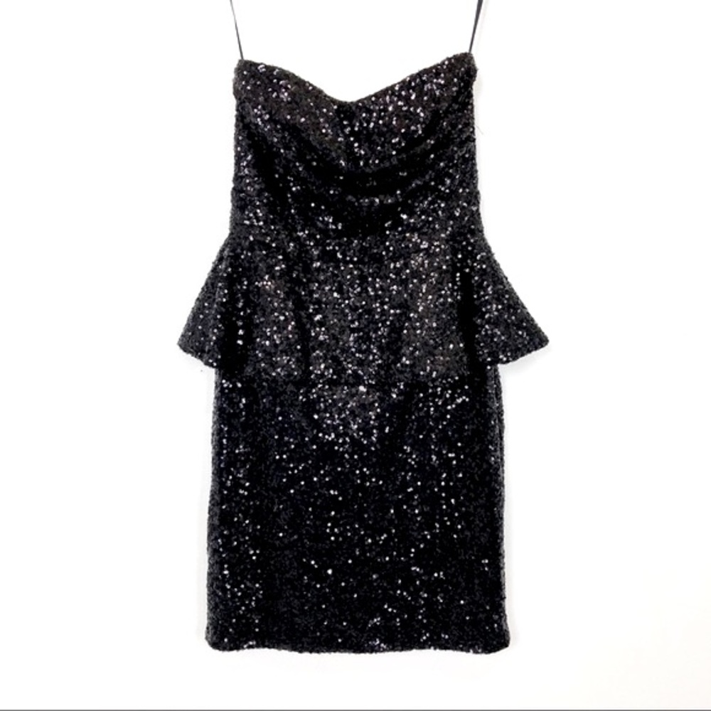 Vintage y2k peplum tube mini dress sequins black prom part cocktail strapless